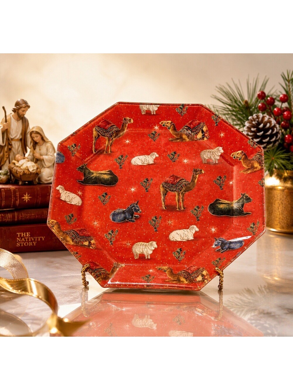 Vintage 1980s Nativity Animals Christmas Red Decoupage Octagonal Tray, 10”